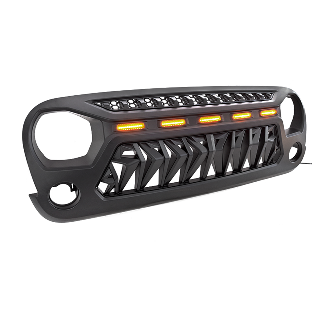 Front Shark Grille For Jeep Wrangler JK 2007-2017 W/ 5 LED Lights Front ...