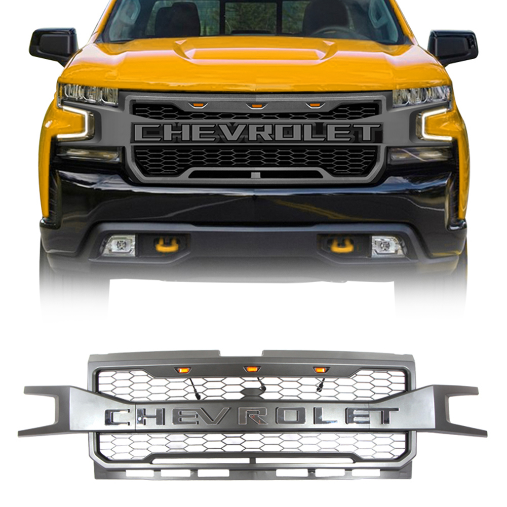 Front Gray Grille for Chevrolet Silverado 1500 Grill 2019 2020 w/ 3 LED