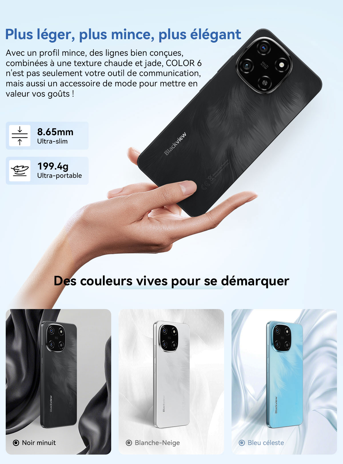 Blackview Color 6 AI Smartphone, 24GB+256GB, 50MP+13MP Camera, 6.67" HD+, 3 Card Slots, Android 15 Mobile Phone, 18W Fast Charging, Smart-K Box Speaker, Doke AI